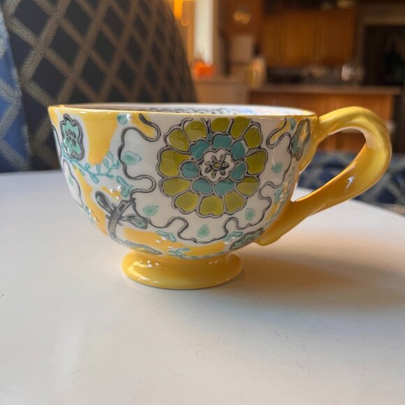 Anthropologie Elka Ayaka Footed Yellow Floral Mug Twisted Handle - Picture 2 of 14